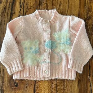 Adorable Vintage Pink Knit Cardigan Sweater with Kittens